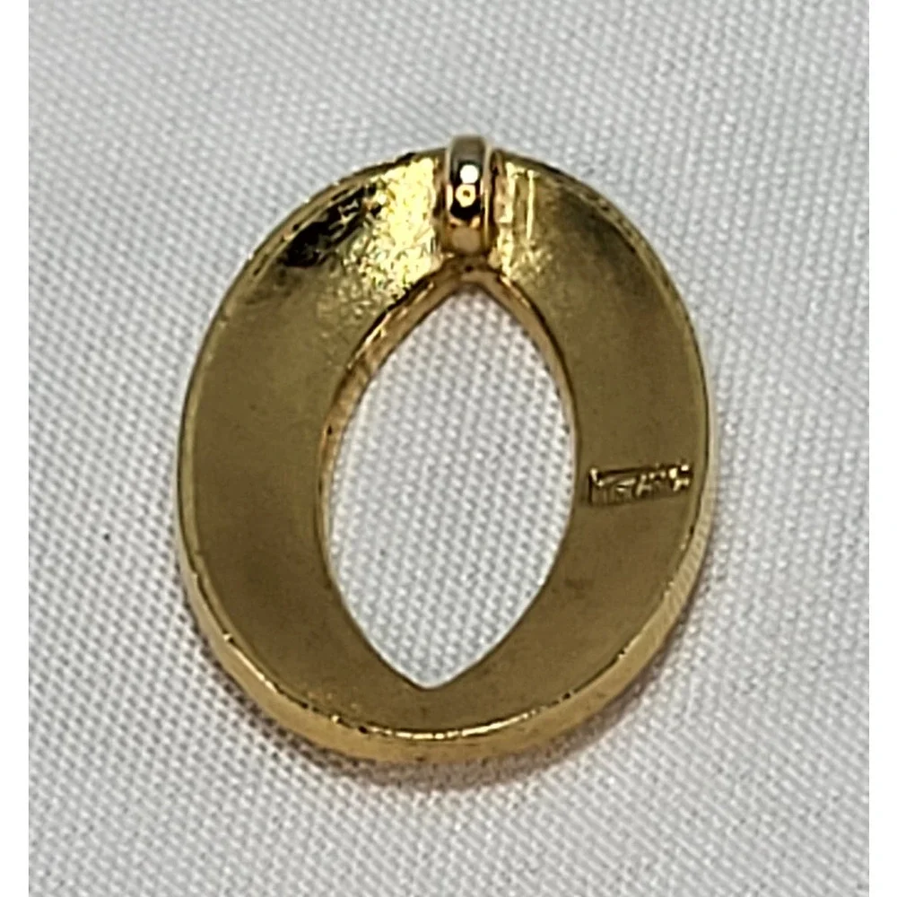 Trifari Oval O Gold Plated Textured Statement Pendant Signed Vintage 1970s Charm